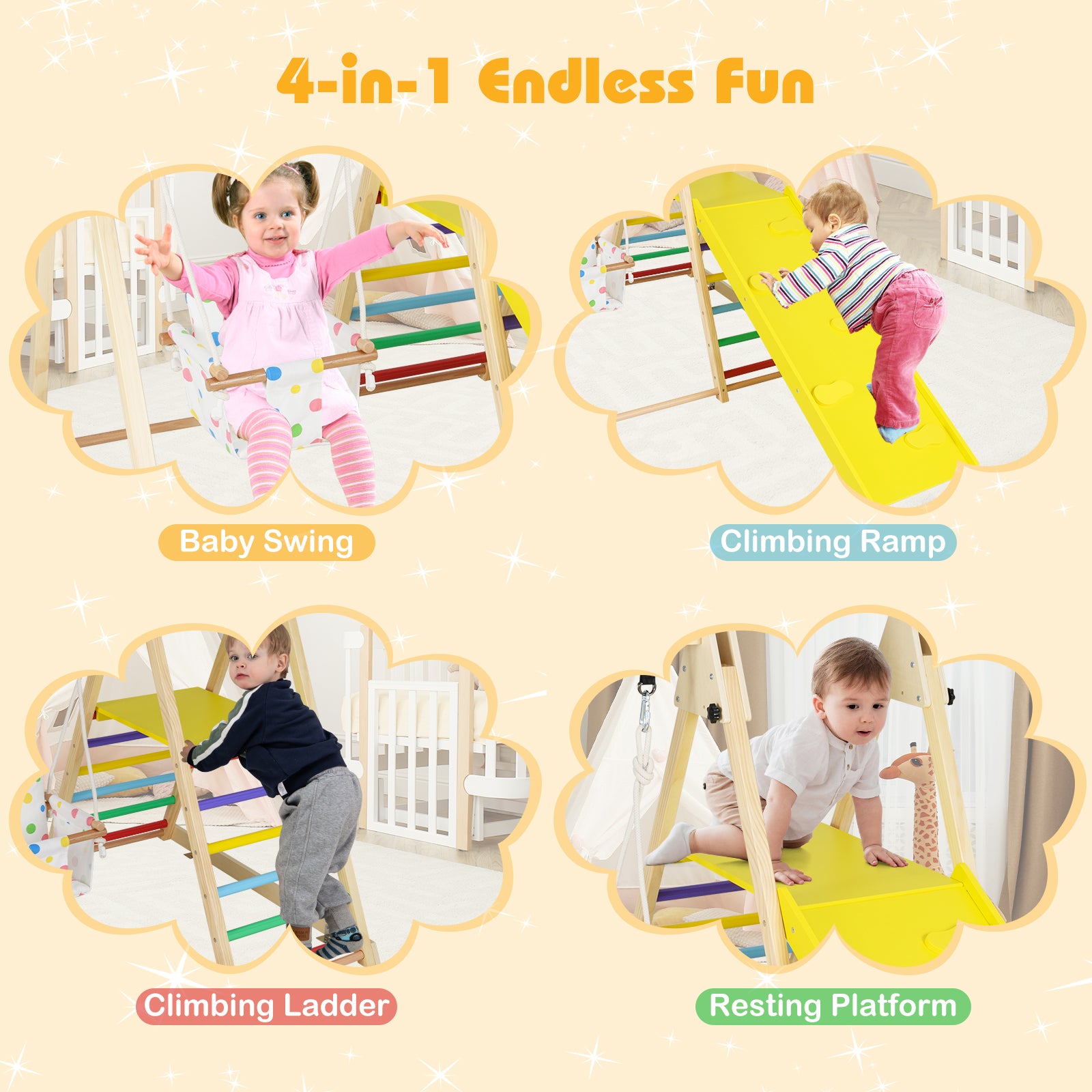 4-in-1 Indoor Jungle Gym with Baby Swing and Climbing Ramp, Multicolor Climbers & Slides at Gallery Canada