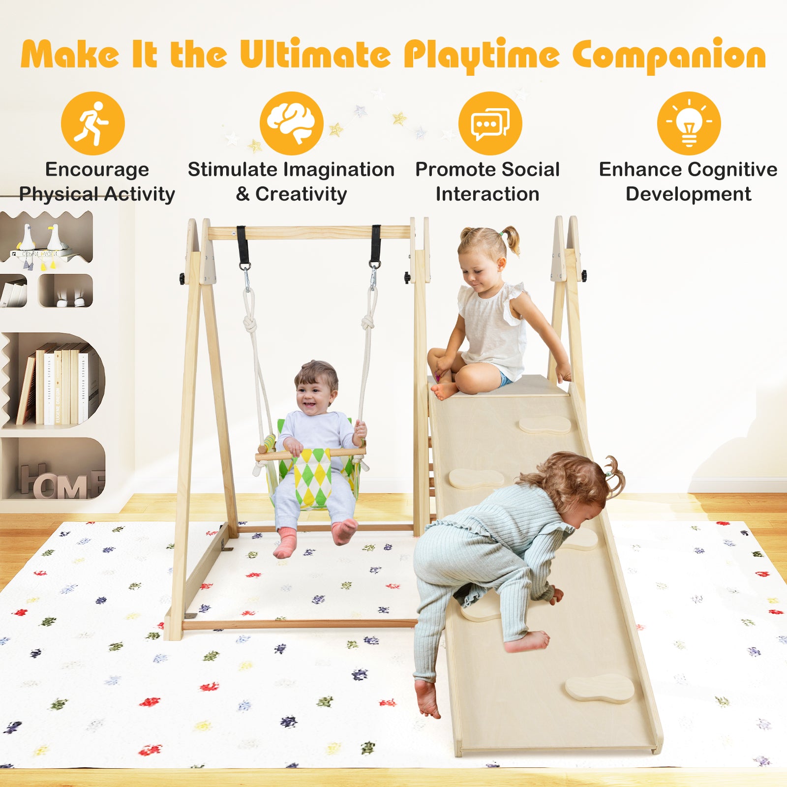 4-in-1 Indoor Jungle Gym with Baby Swing and Climbing Ramp, Natural Climbers & Slides at Gallery Canada
