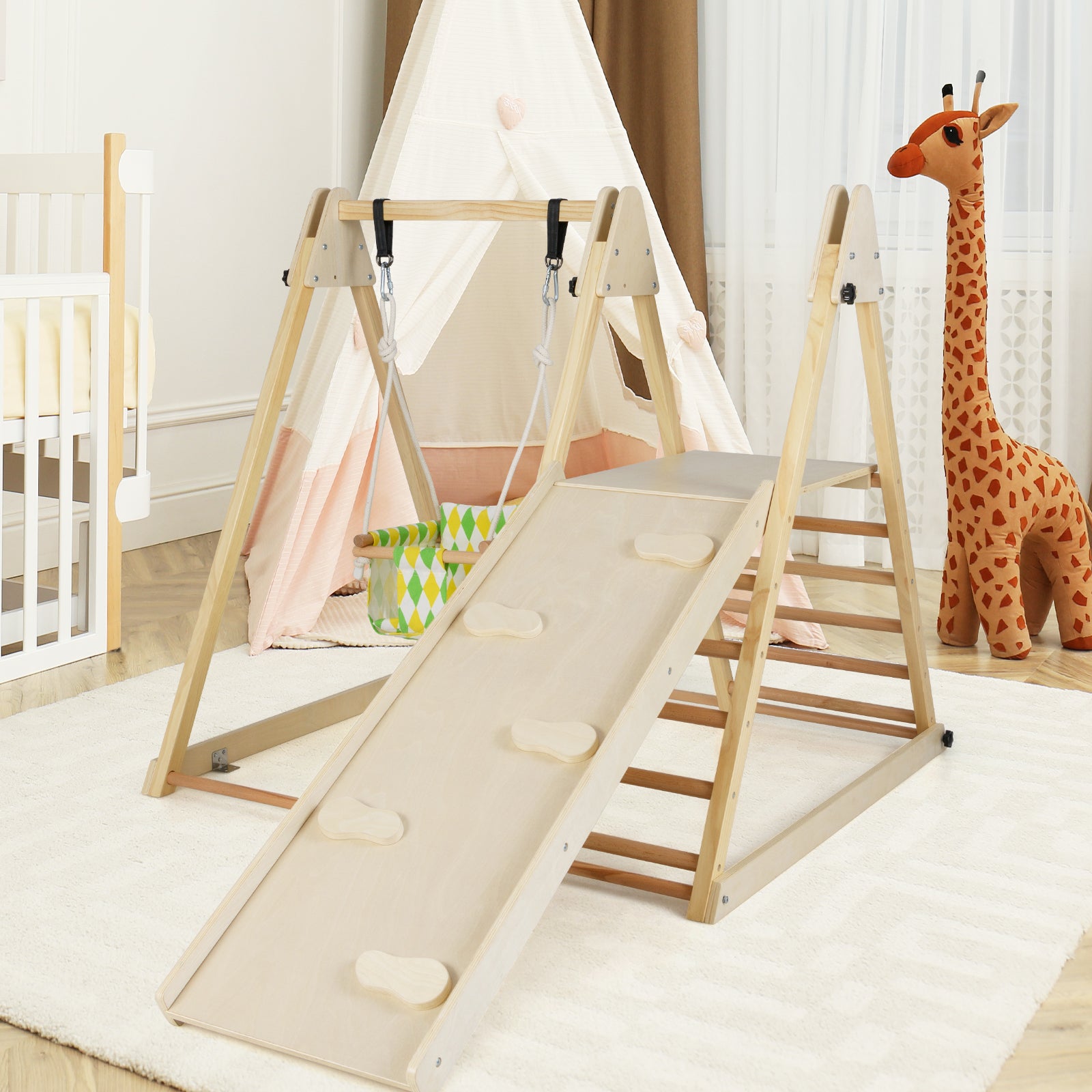 4-in-1 Indoor Jungle Gym with Baby Swing and Climbing Ramp, Natural Climbers & Slides at Gallery Canada