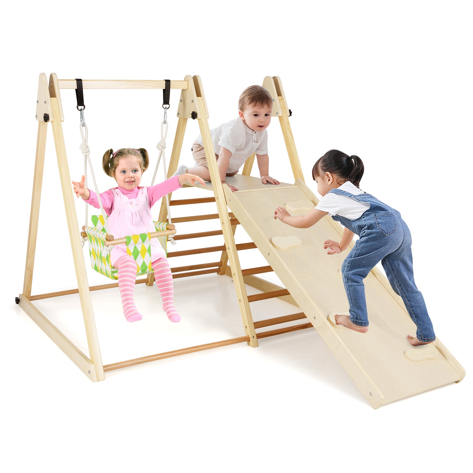 4-in-1 Indoor Jungle Gym with Baby Swing and Climbing Ramp, Natural Climbers & Slides at Gallery Canada
