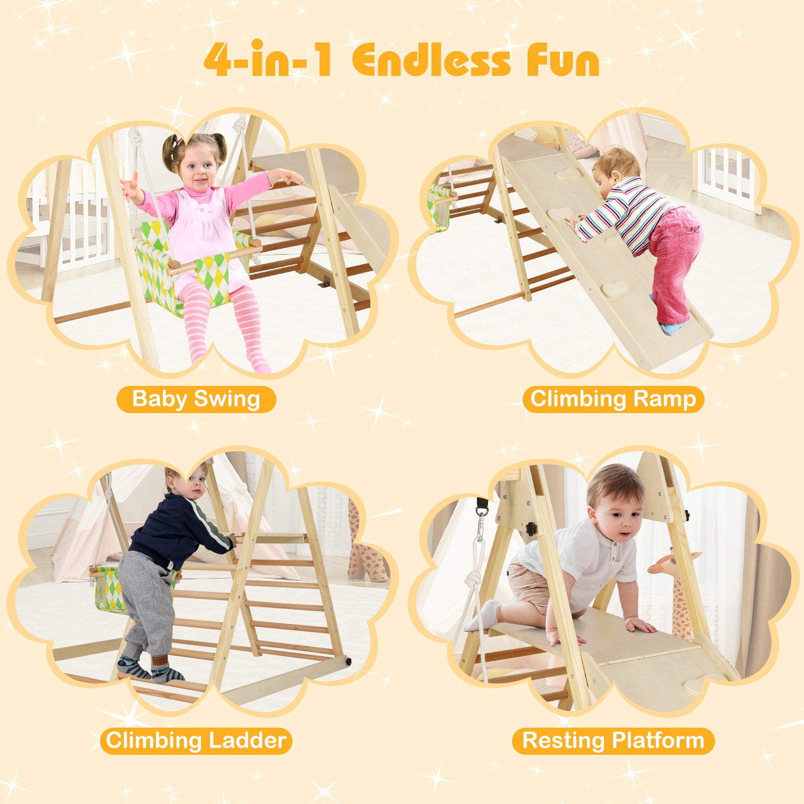 4-in-1 Indoor Jungle Gym with Baby Swing and Climbing Ramp, Natural Climbers & Slides at Gallery Canada