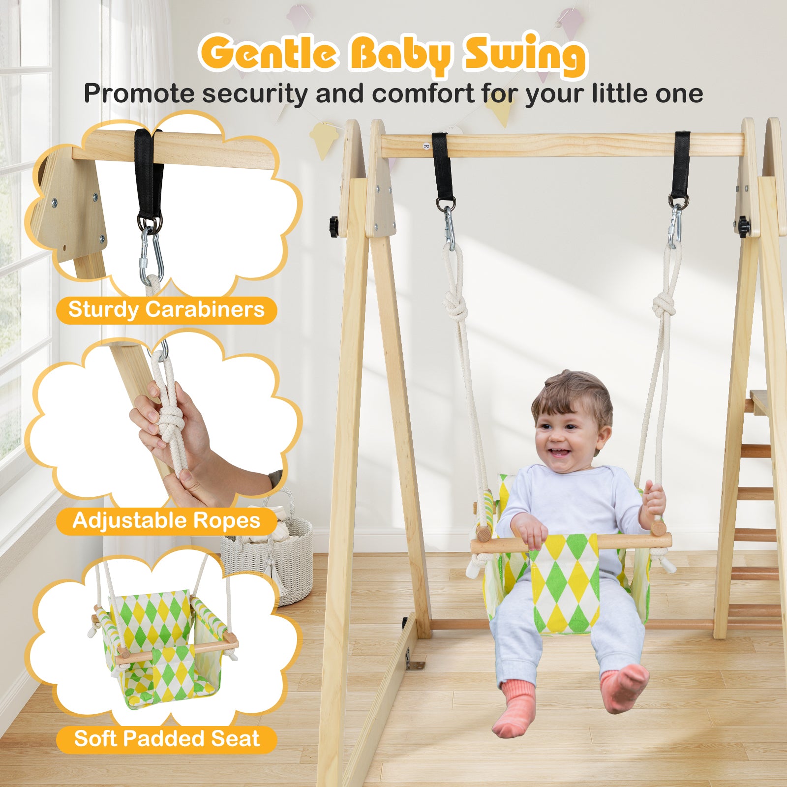 4-in-1 Indoor Jungle Gym with Baby Swing and Climbing Ramp, Natural Climbers & Slides at Gallery Canada