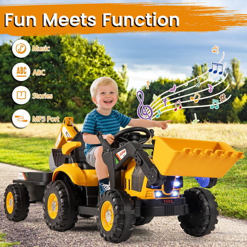 4-in-1 Kids Ride on Tractor 12V Excavator Bulldozer with Remote Control, Yellow