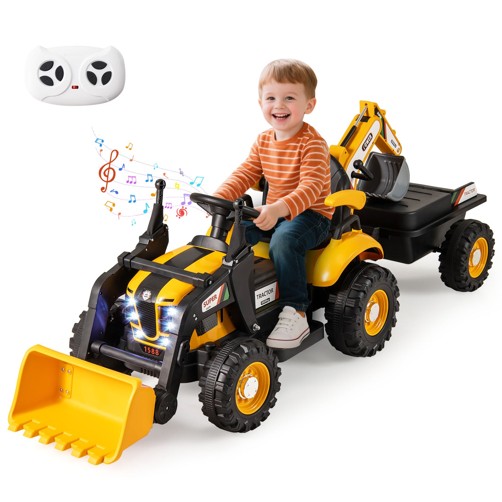 4-in-1 Kids Ride on Tractor 12V Excavator Bulldozer with Remote Control, Yellow Powered Ride On Toys at Gallery Canada