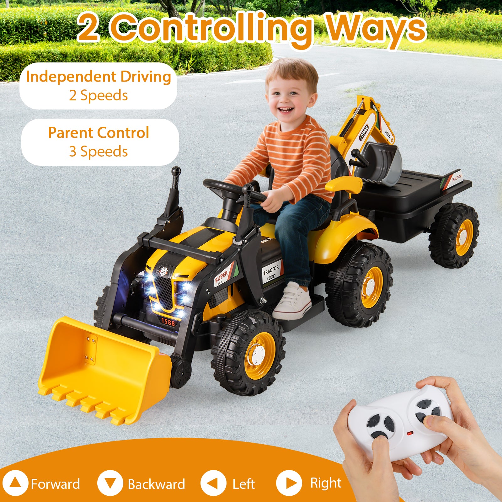 4-in-1 Kids Ride on Tractor 12V Excavator Bulldozer with Remote Control, Yellow Powered Ride On Toys at Gallery Canada