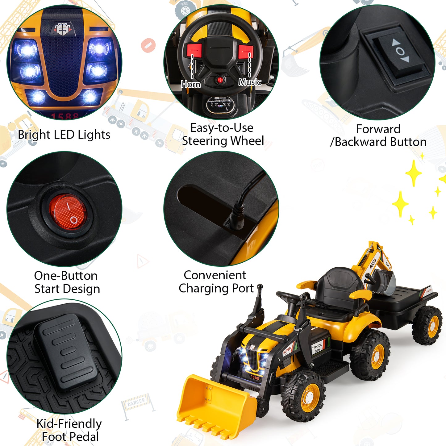 4-in-1 Kids Ride on Tractor 12V Excavator Bulldozer with Remote Control, Yellow Powered Ride On Toys at Gallery Canada