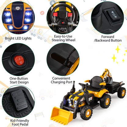 4-in-1 Kids Ride on Tractor 12V Excavator Bulldozer with Remote Control, Yellow Powered Ride On Toys at Gallery Canada