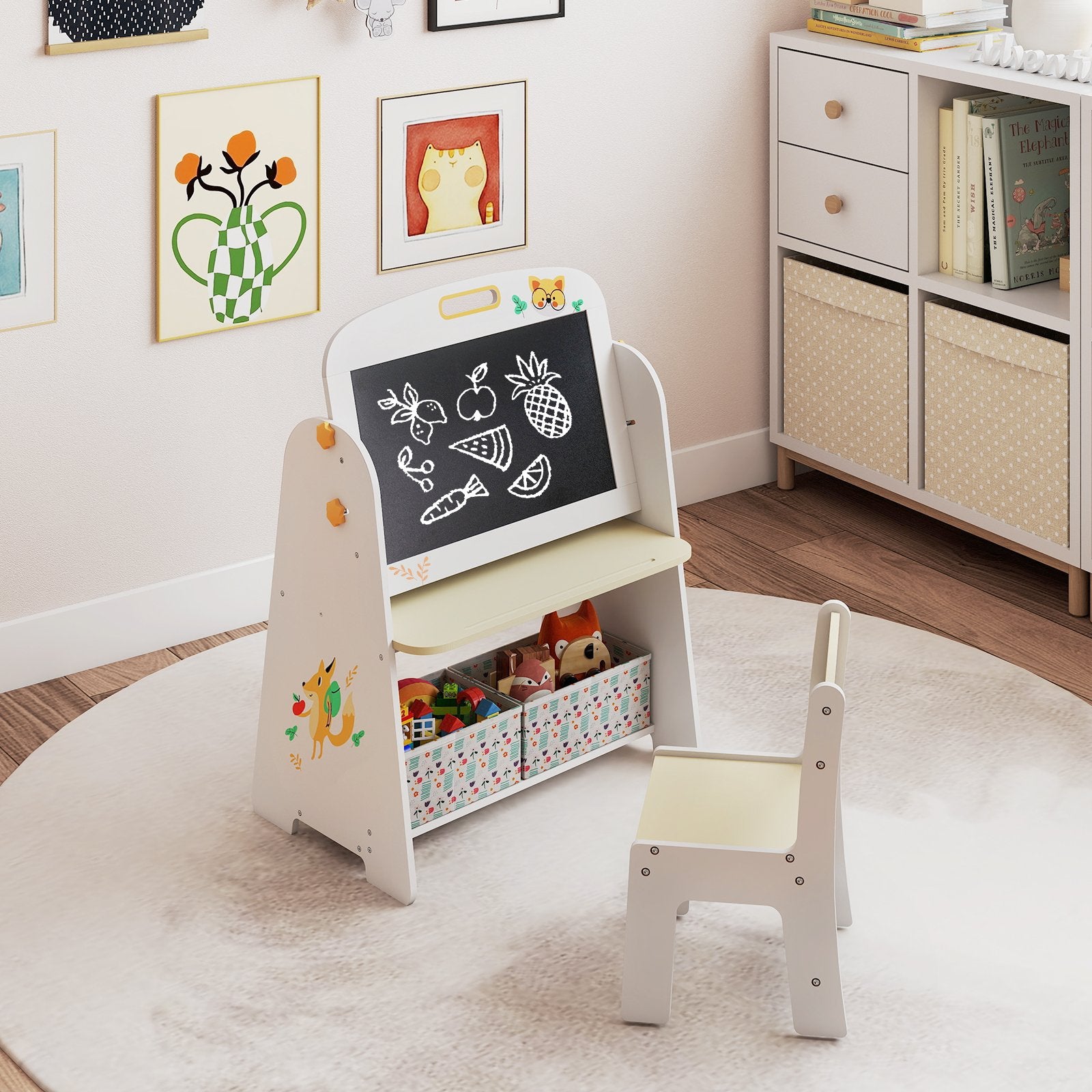 4-in-1 Kids Table and Chair Set Art Easel with Magnetic Whiteboard and Bookshelf, Natural Kids Table & Chair Sets at Gallery Canada
