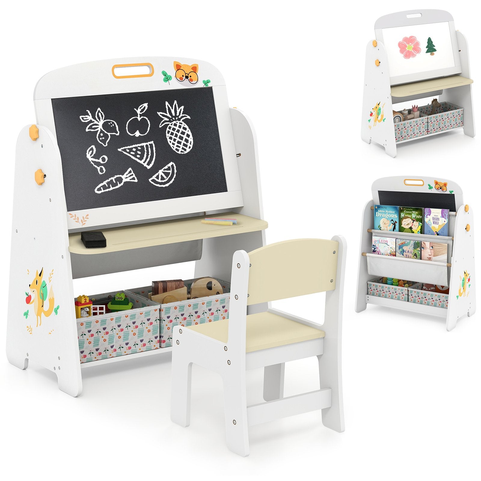 4-in-1 Kids Table and Chair Set Art Easel with Magnetic Whiteboard and Bookshelf, Natural Kids Table & Chair Sets at Gallery Canada