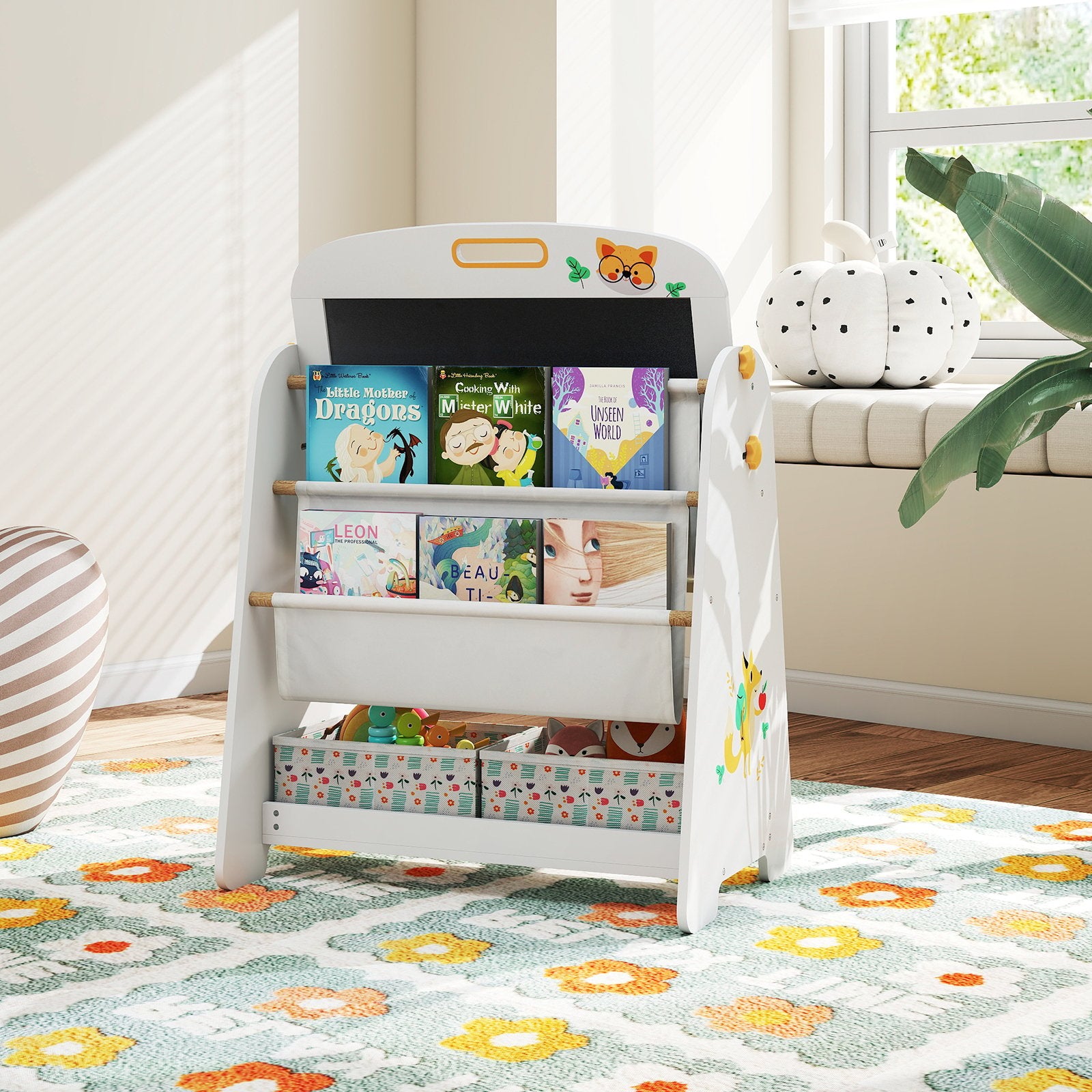 4-in-1 Kids Table and Chair Set Art Easel with Magnetic Whiteboard and Bookshelf, Natural Kids Table & Chair Sets at Gallery Canada