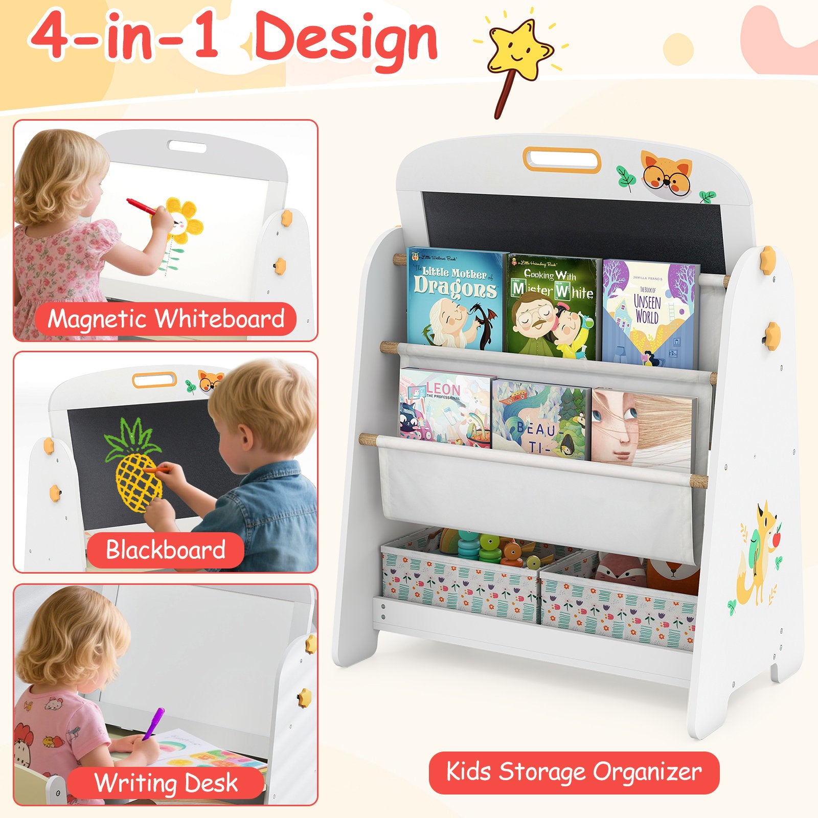 4-in-1 Kids Table and Chair Set Art Easel with Magnetic Whiteboard and Bookshelf, Natural Kids Table & Chair Sets at Gallery Canada