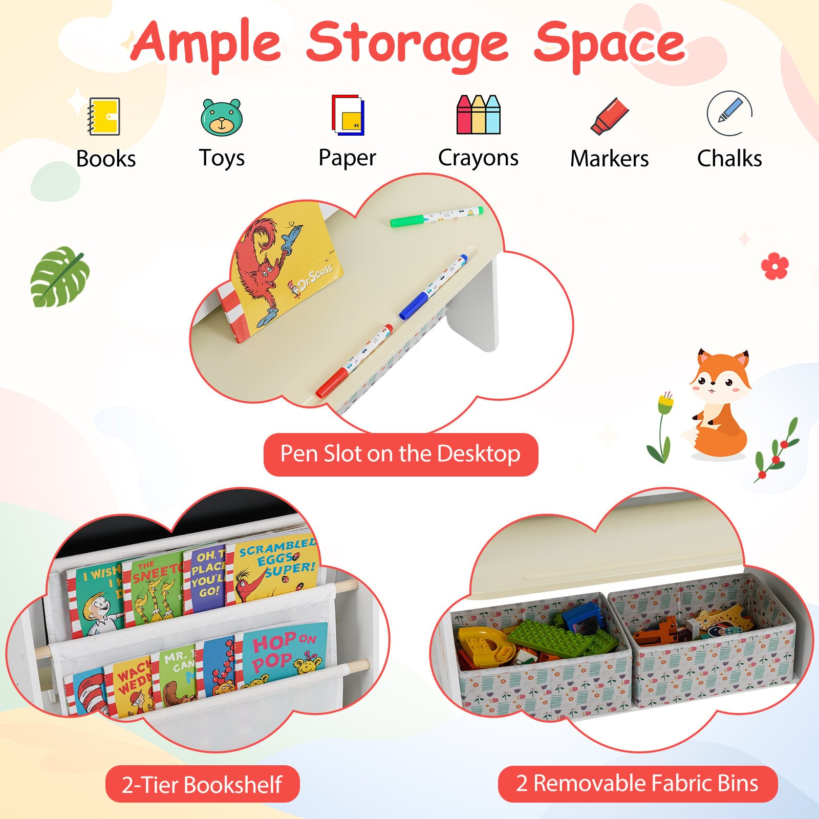 4-in-1 Kids Table and Chair Set Art Easel with Magnetic Whiteboard and Bookshelf, Natural Kids Table & Chair Sets at Gallery Canada