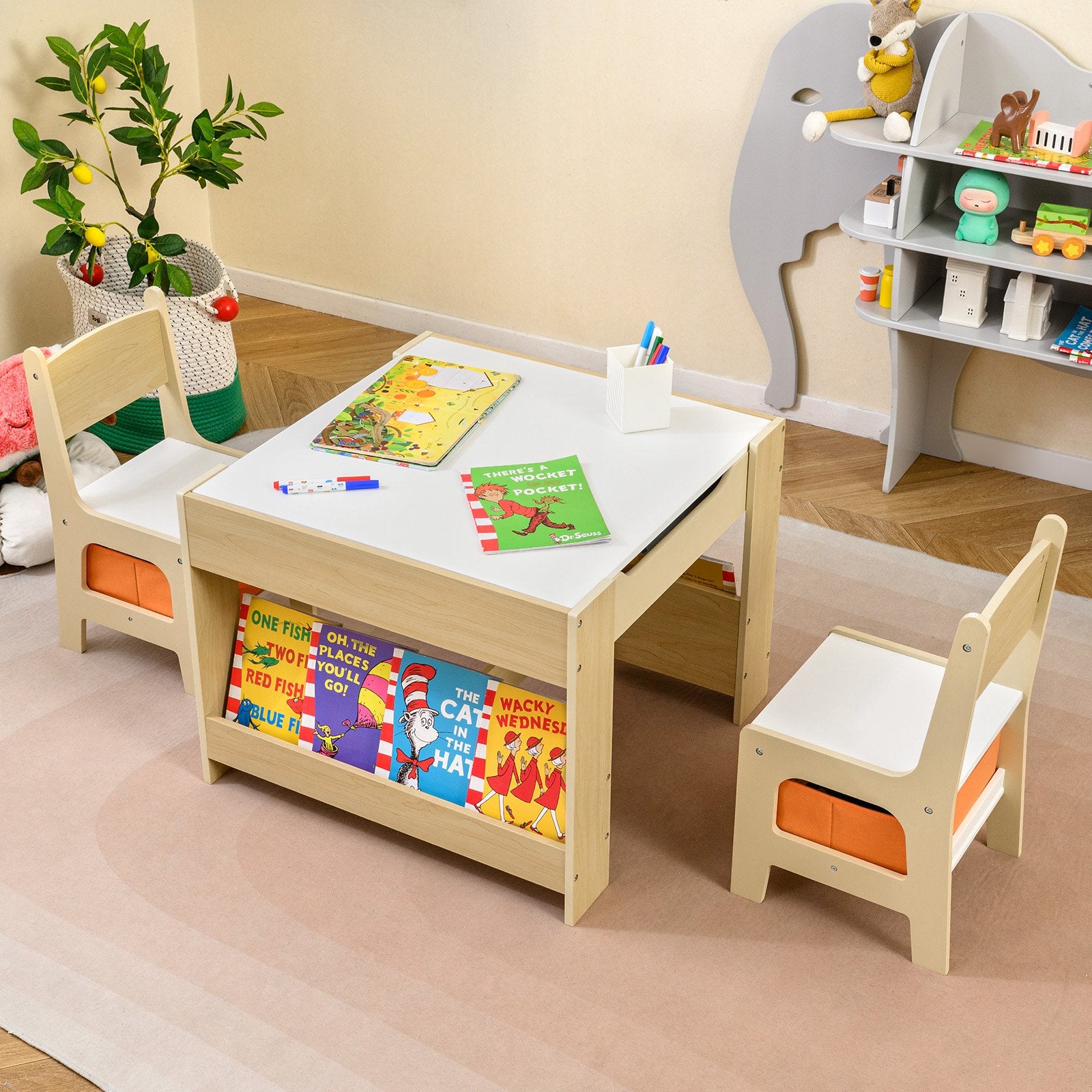 4 in 1 Kids Table and Chair Set with Reversible Graffiti and Building Blocks Tabletop, Natural & White Kids Table & Chair Sets at Gallery Canada