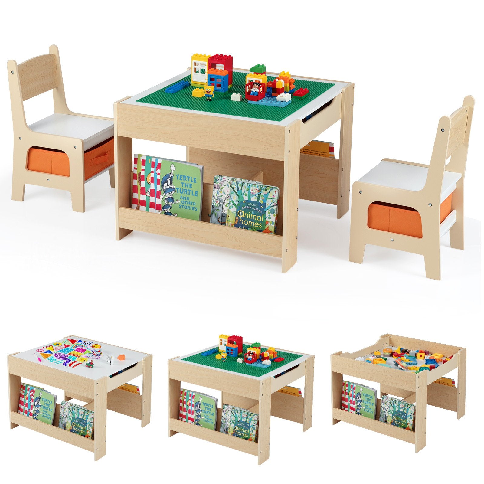 4 in 1 Kids Table and Chair Set with Reversible Graffiti and Building Blocks Tabletop, Natural & White Kids Table & Chair Sets Natural & White at Gallery Canada