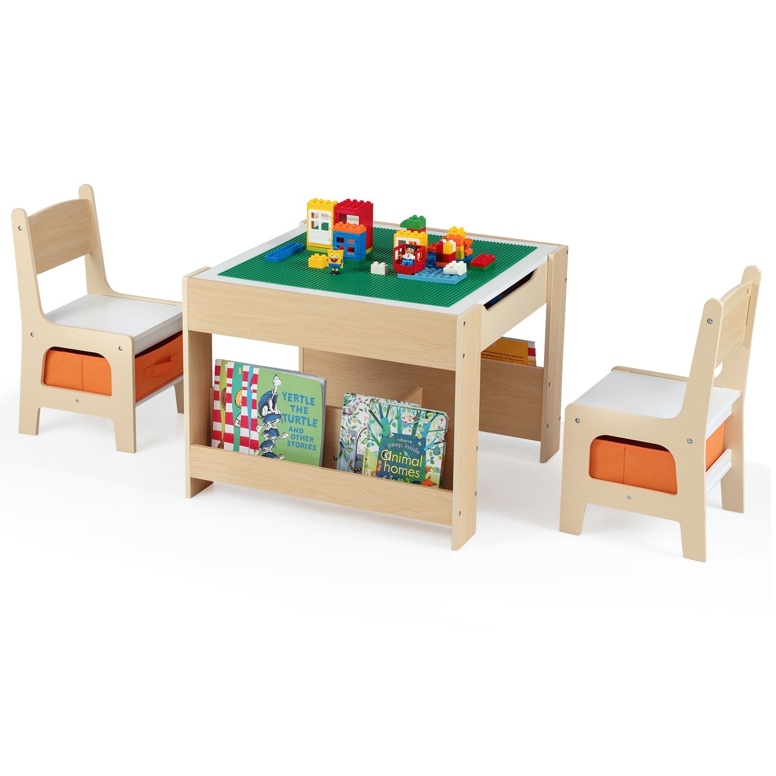 4 in 1 Kids Table and Chair Set with Reversible Graffiti and Building Blocks Tabletop, Natural & White Kids Table & Chair Sets at Gallery Canada