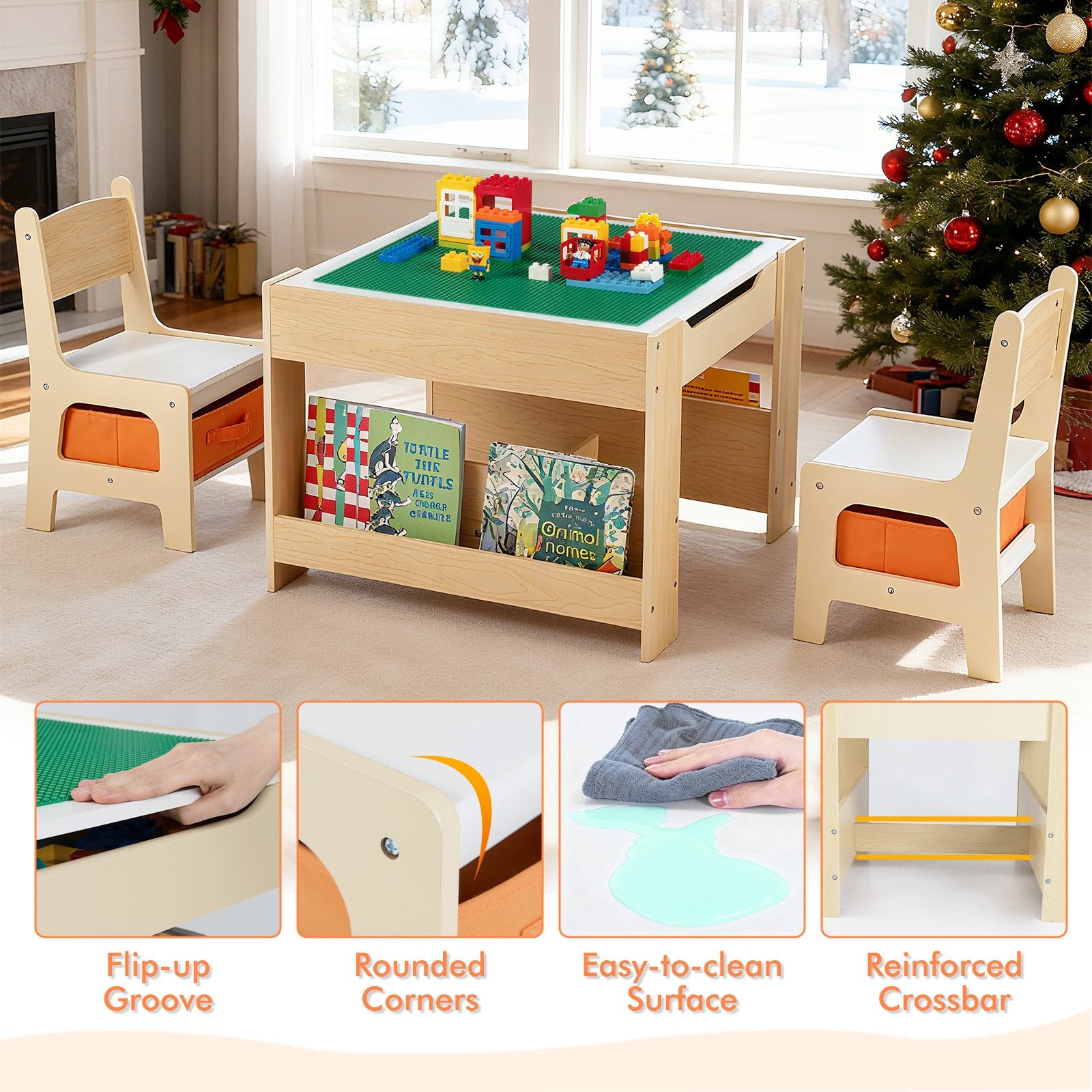 4 in 1 Kids Table and Chair Set with Reversible Graffiti and Building Blocks Tabletop, Natural & White Kids Table & Chair Sets at Gallery Canada