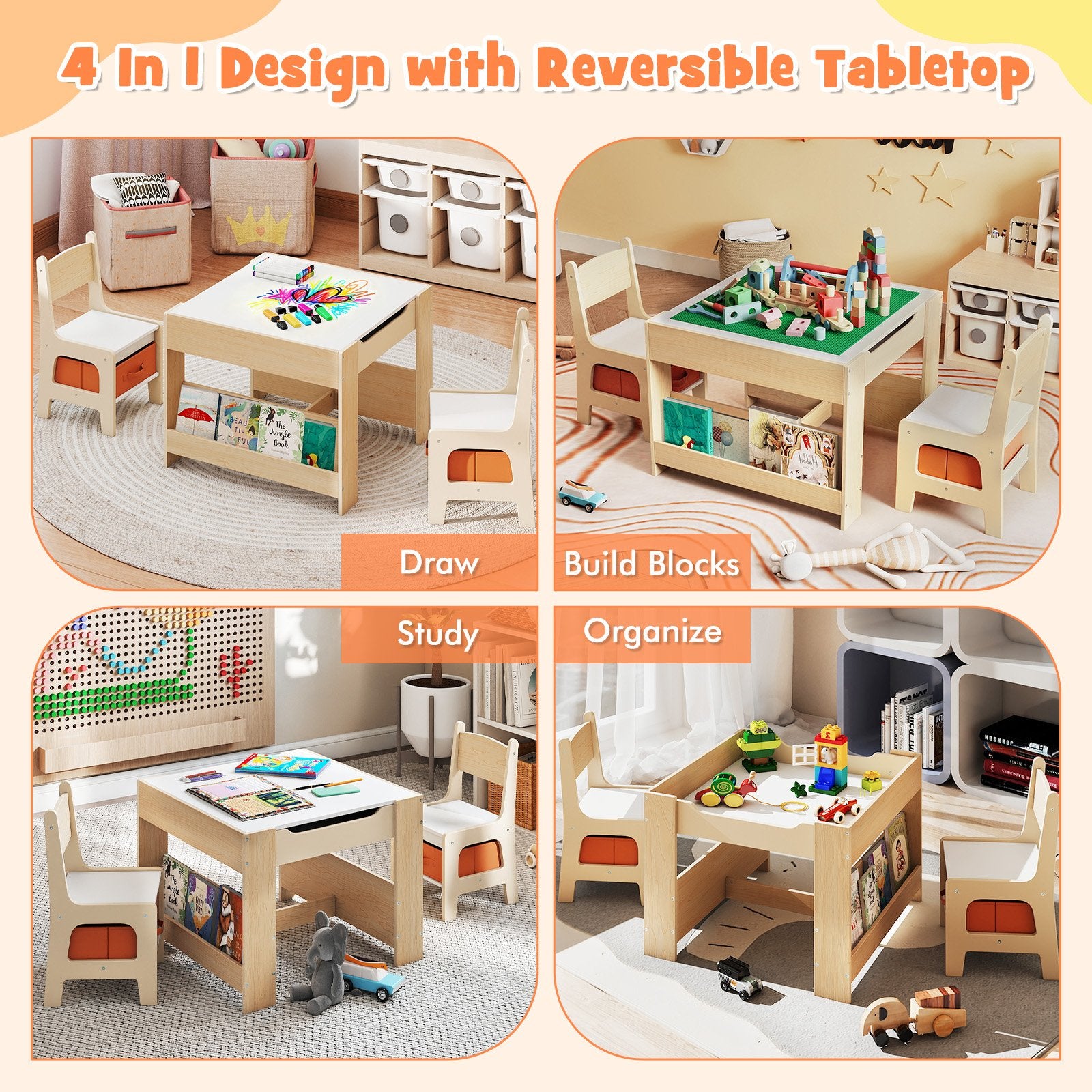 4 in 1 Kids Table and Chair Set with Reversible Graffiti and Building Blocks Tabletop, Natural & White Kids Table & Chair Sets at Gallery Canada