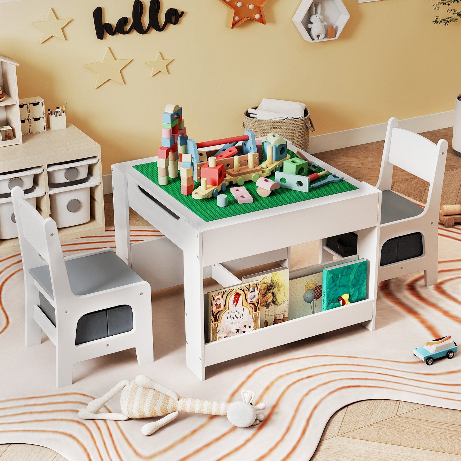 4 in 1 Kids Table and Chair Set with Reversible Graffiti and Building Blocks Tabletop, Gray & White Kids Table & Chair Sets at Gallery Canada