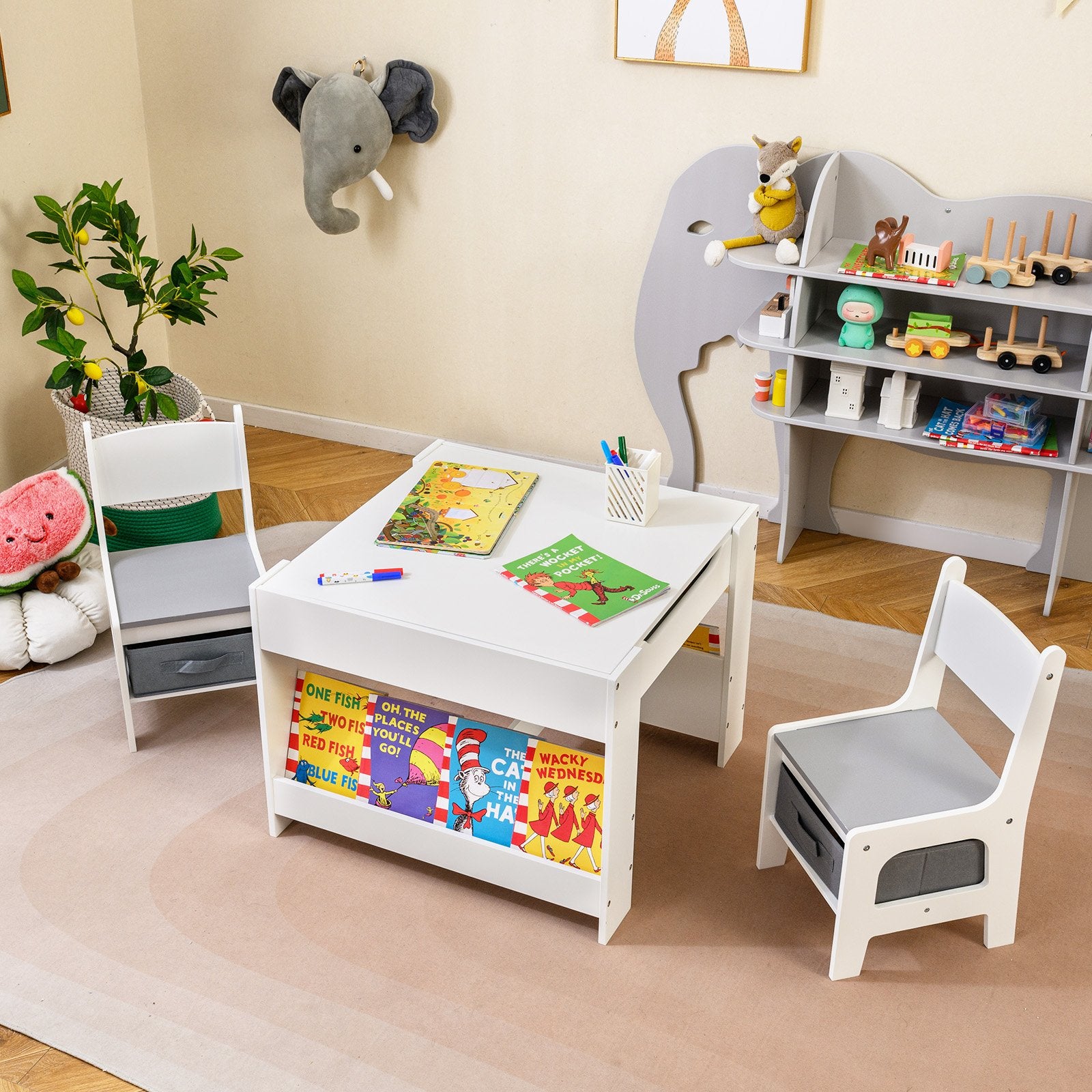 4 in 1 Kids Table and Chair Set with Reversible Graffiti and Building Blocks Tabletop, Gray & White Kids Table & Chair Sets at Gallery Canada