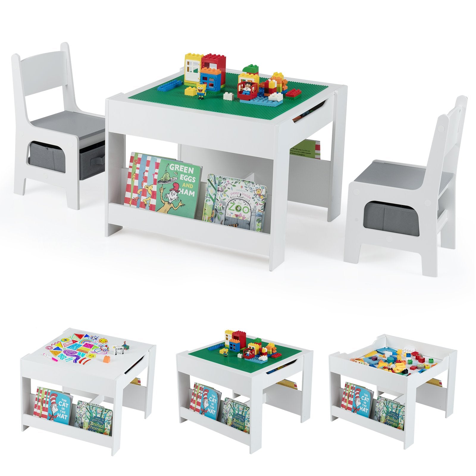4 in 1 Kids Table and Chair Set with Reversible Graffiti and Building Blocks Tabletop, Gray & White Kids Table & Chair Sets Gray & White at Gallery Canada