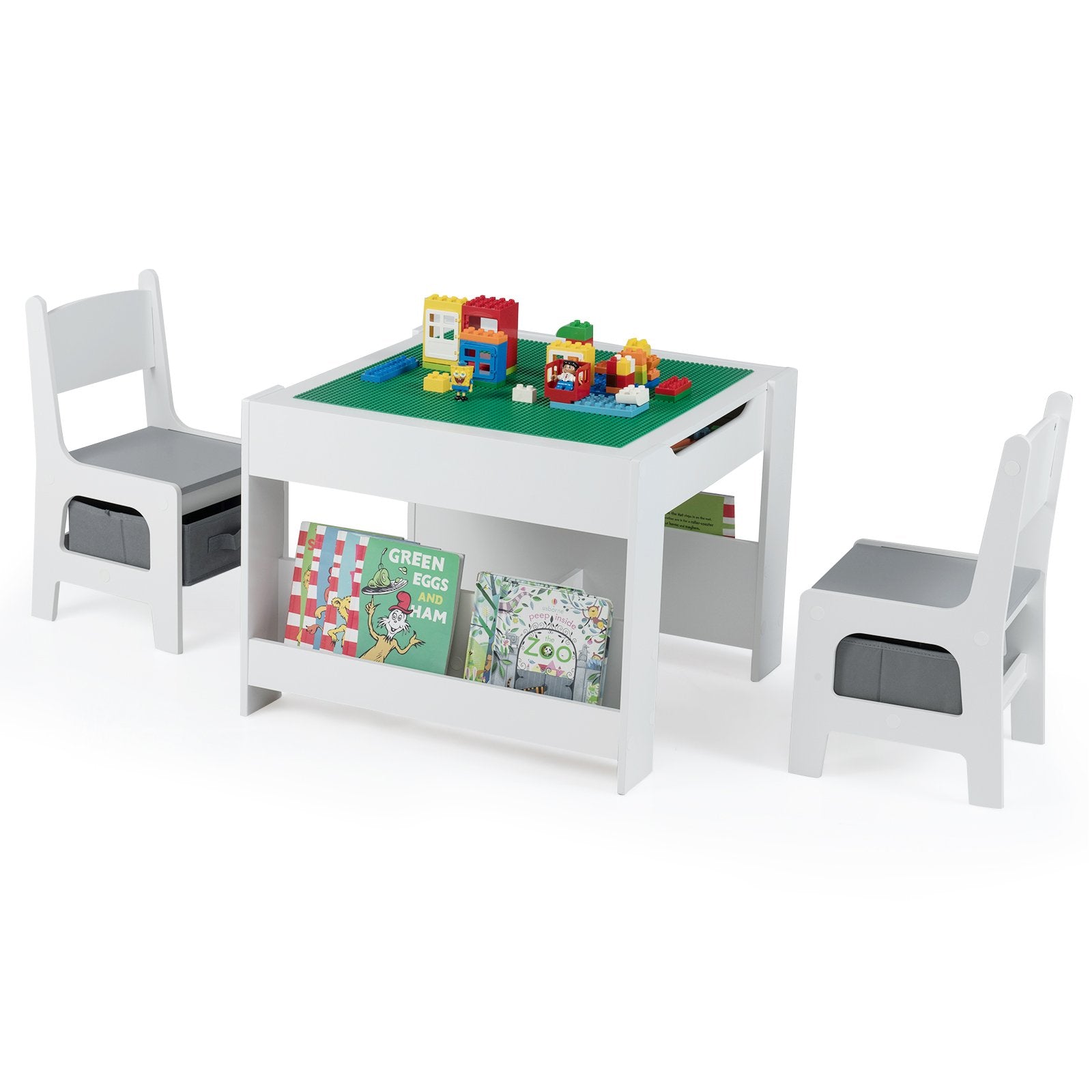 4 in 1 Kids Table and Chair Set with Reversible Graffiti and Building Blocks Tabletop, Gray & White Kids Table & Chair Sets at Gallery Canada