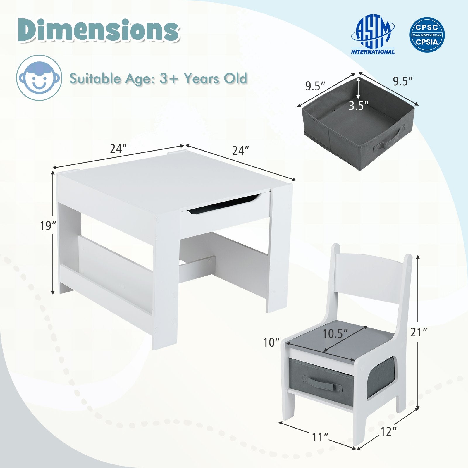 4 in 1 Kids Table and Chair Set with Reversible Graffiti and Building Blocks Tabletop, Gray & White Kids Table & Chair Sets at Gallery Canada