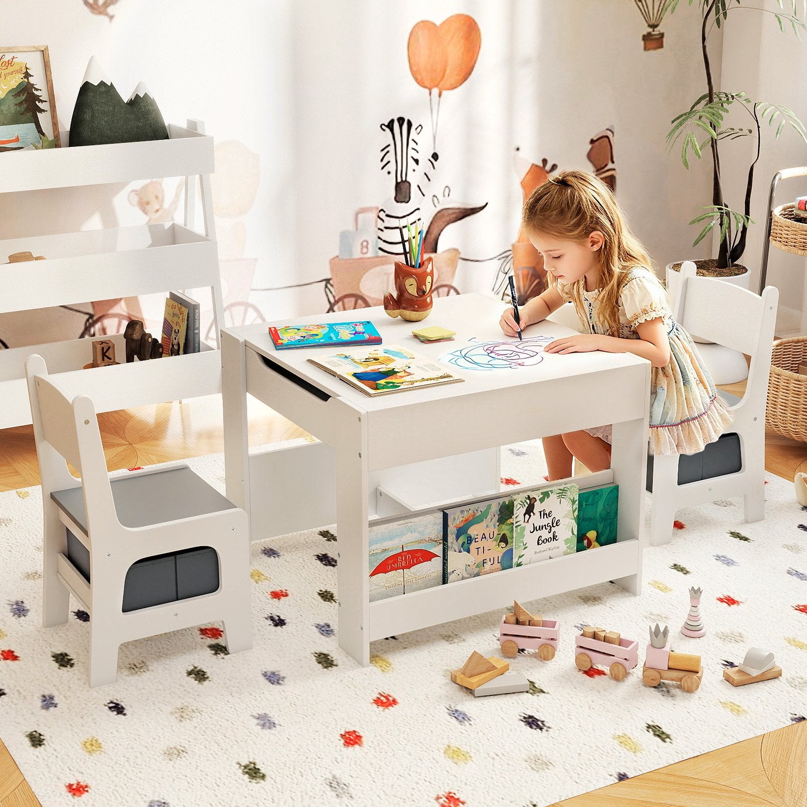 4 in 1 Kids Table and Chair Set with Reversible Graffiti and Building Blocks Tabletop, Gray & White Kids Table & Chair Sets at Gallery Canada