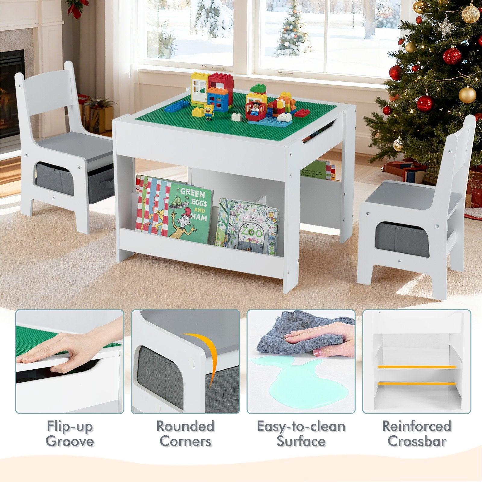 4 in 1 Kids Table and Chair Set with Reversible Graffiti and Building Blocks Tabletop, Gray & White Kids Table & Chair Sets at Gallery Canada