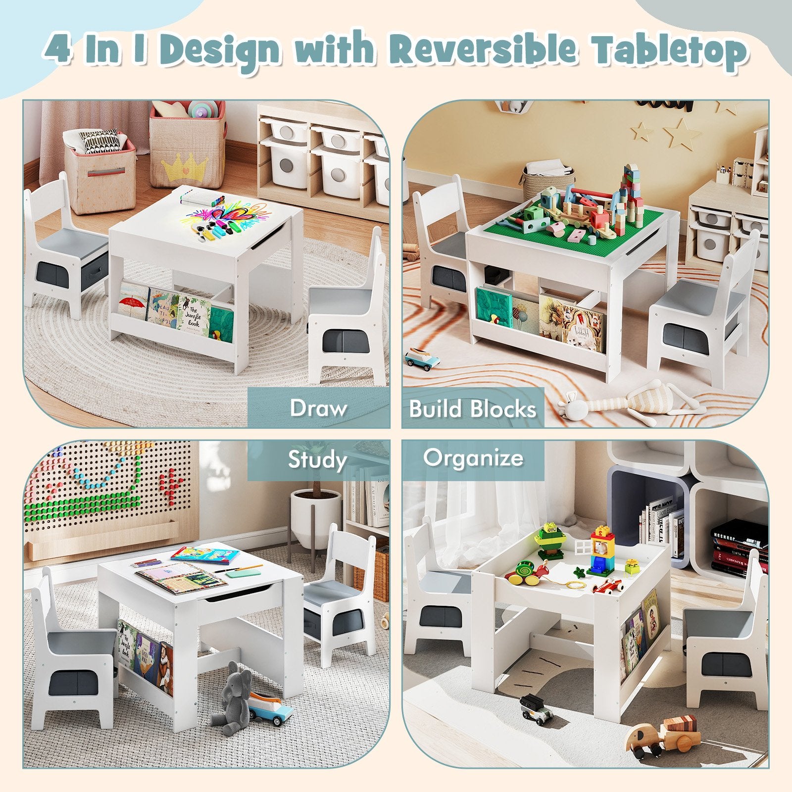 4 in 1 Kids Table and Chair Set with Reversible Graffiti and Building Blocks Tabletop, Gray & White Kids Table & Chair Sets at Gallery Canada