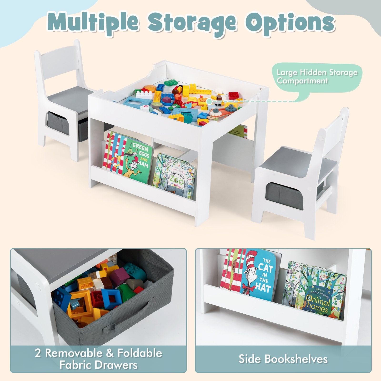 4 in 1 Kids Table and Chair Set with Reversible Graffiti and Building Blocks Tabletop, Gray & White Kids Table & Chair Sets at Gallery Canada
