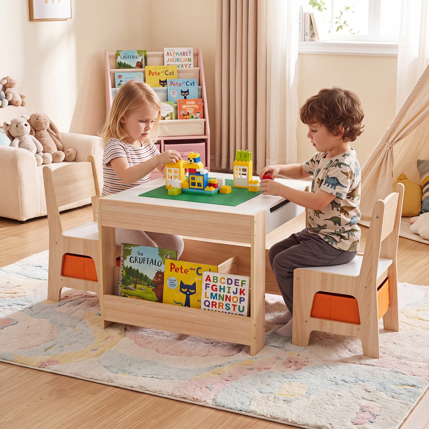 Table et chaises pour enfants avec blocs de construction, naturelles