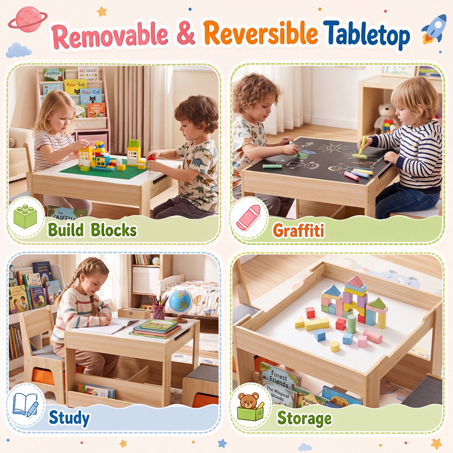 Table et chaises pour enfants avec blocs de construction, naturelles