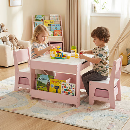 Ensemble table et chaises pour enfants 4-en-1, blocs de construction, bibliothèque, rose