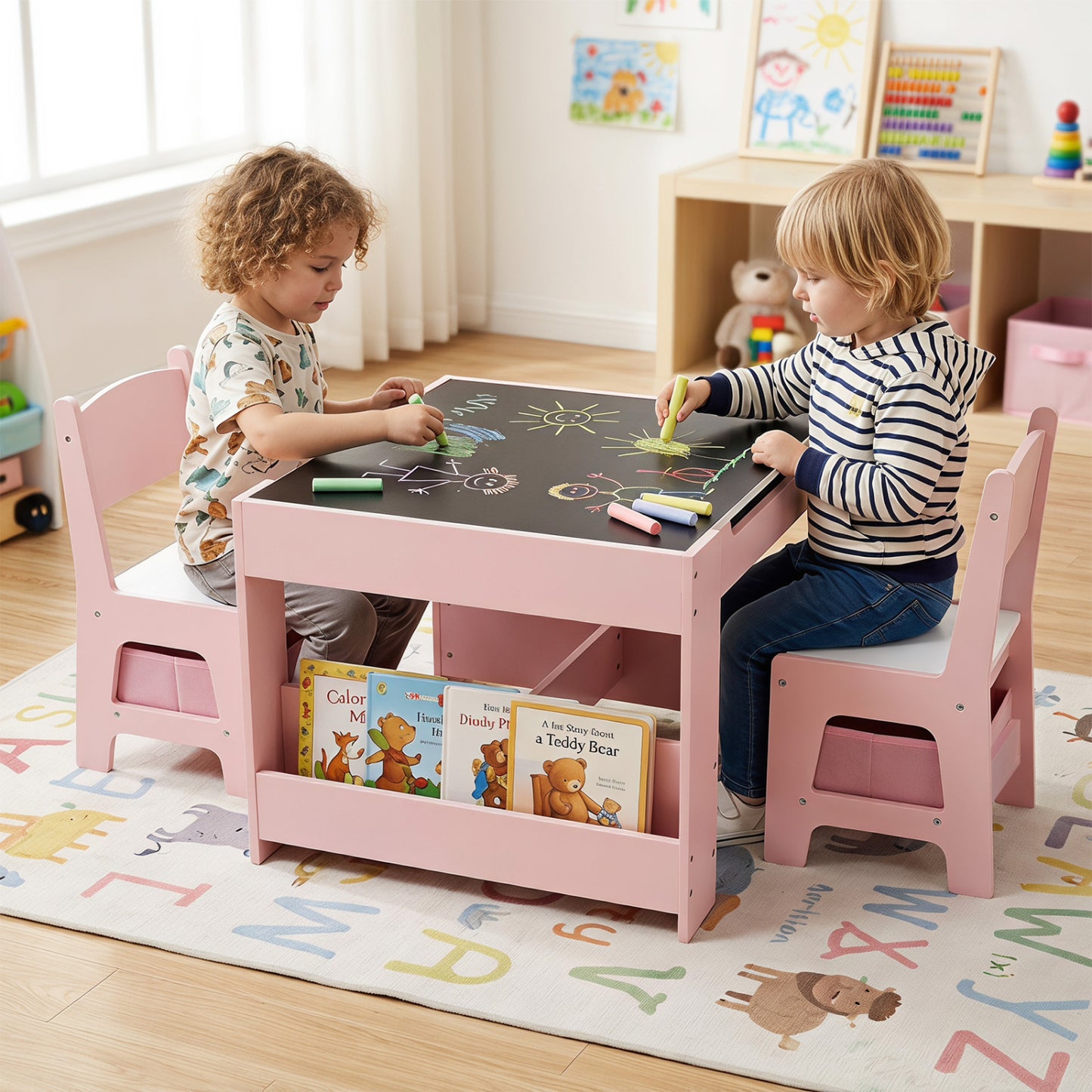 Ensemble table et chaises pour enfants 4-en-1, blocs de construction, bibliothèque, rose