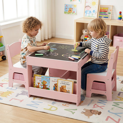 Ensemble table et chaises pour enfants 4-en-1, blocs de construction, bibliothèque, rose