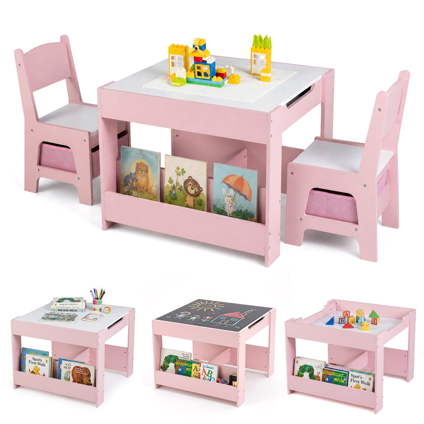 Ensemble table et chaises pour enfants 4-en-1, blocs de construction, bibliothèque, rose