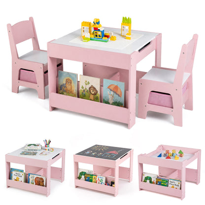Ensemble table et chaises pour enfants 4-en-1, blocs de construction, bibliothèque, rose