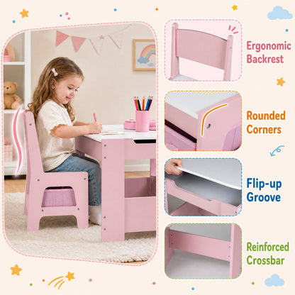 Ensemble table et chaises pour enfants 4-en-1, blocs de construction, bibliothèque, rose