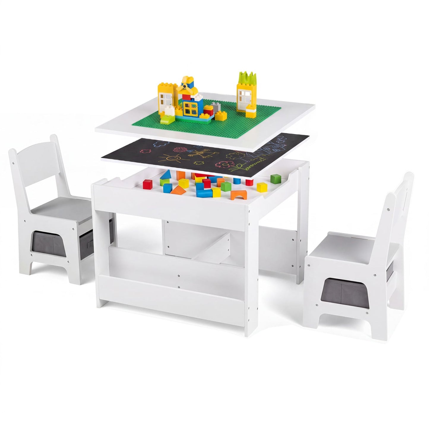 Ensemble table et chaises pour enfants 4-en-1 avec blocs, bibliothèques, gris