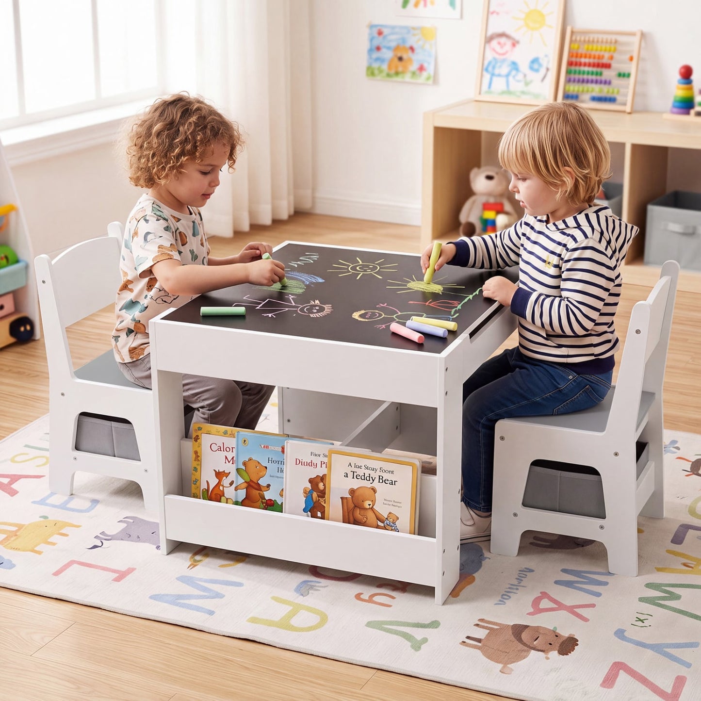 Ensemble table et chaises pour enfants 4-en-1 avec blocs, bibliothèques, gris