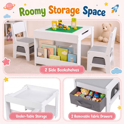 Ensemble table et chaises pour enfants 4-en-1 avec blocs, bibliothèques, gris