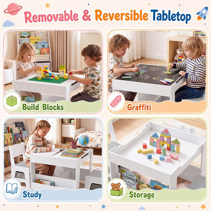 Ensemble table et chaises pour enfants 4-en-1 avec blocs, bibliothèques, gris