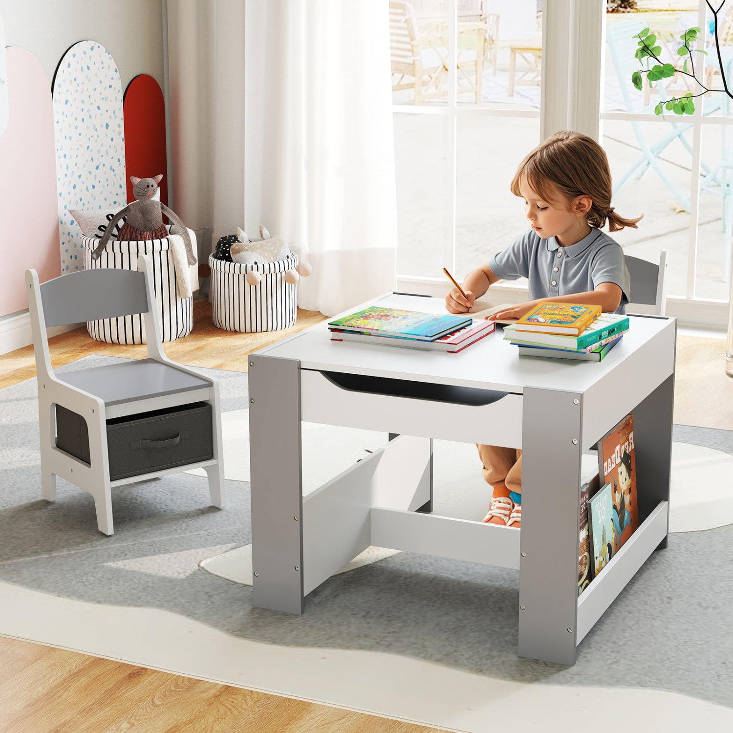 Kids Toddler Activity Table And Chairs Set, Reversible Tabletop, Gray Kids Table & Chair Sets at Gallery Canada