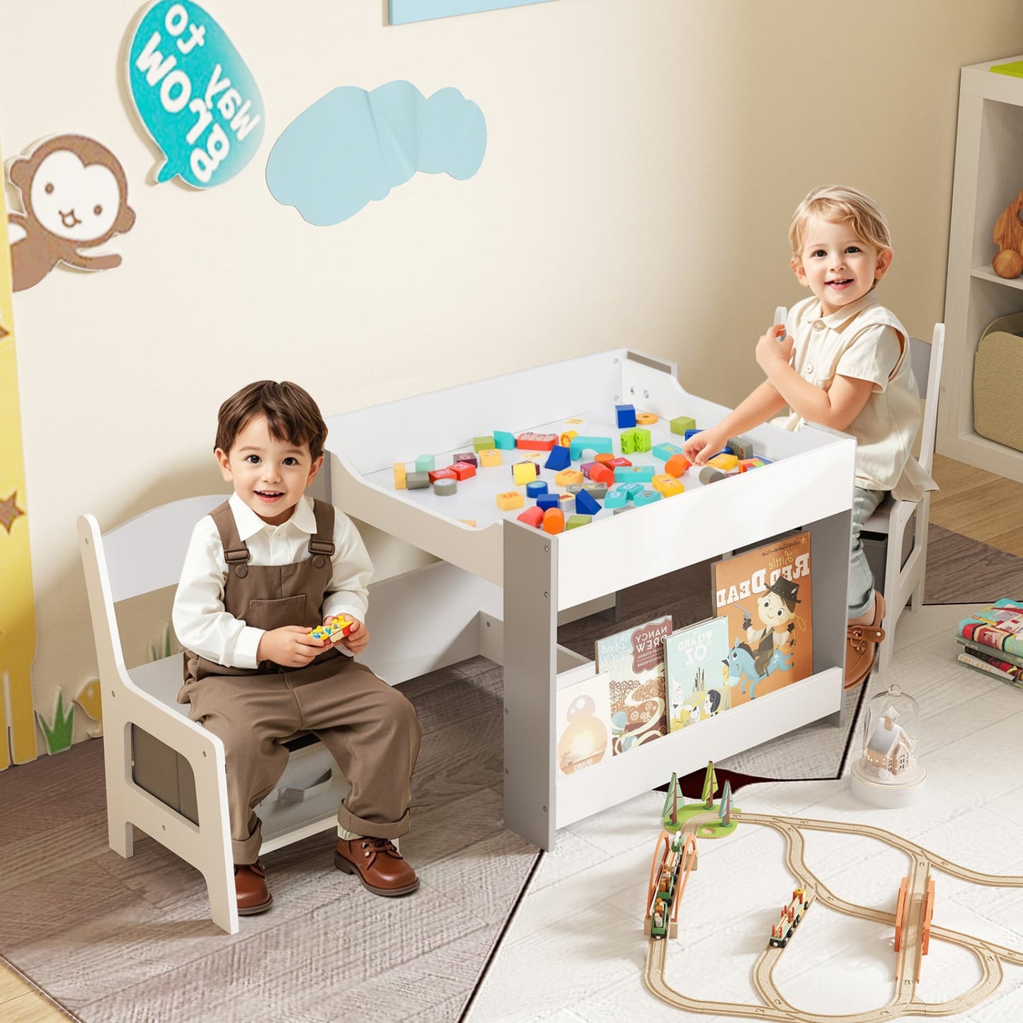 Kids Toddler Activity Table And Chairs Set, Reversible Tabletop, Gray Kids Table & Chair Sets at Gallery Canada