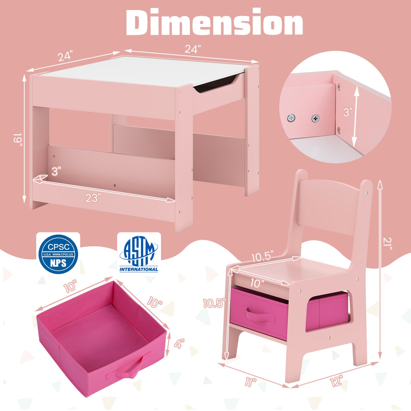 Ensemble de table et chaises d'activités pour enfants tout-petits 4 en 1, Rose