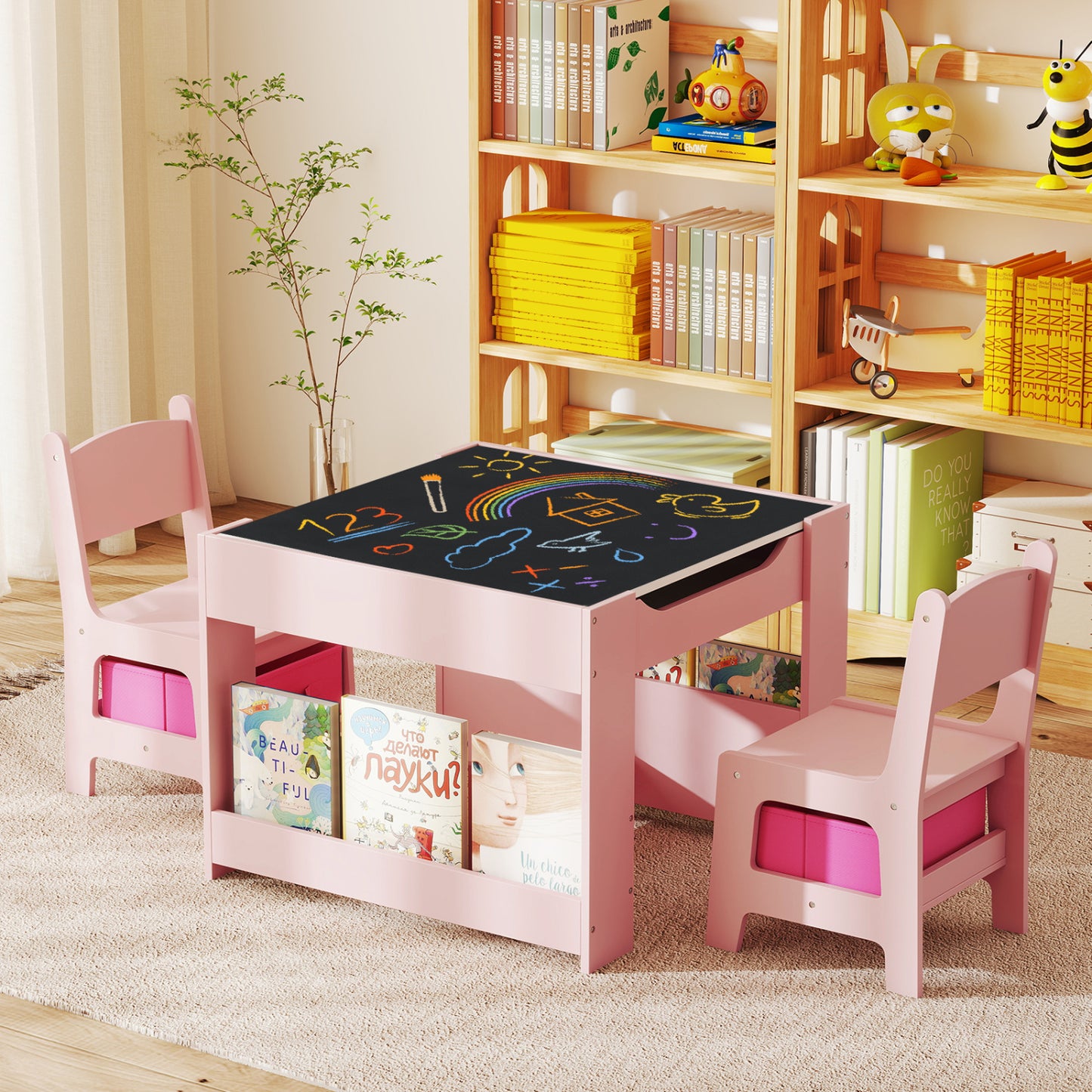 Ensemble de table et chaises d'activités pour enfants tout-petits 4 en 1, Rose