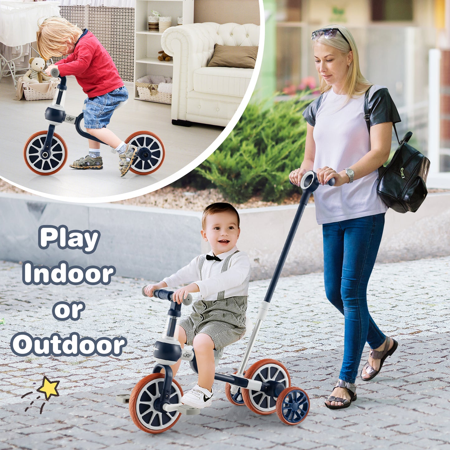 4-in-1 Kids Trike Bike with Seat Height and Adjustable Parent Push Handle, Navy Push & Pedal Ride On Toys at Gallery Canada