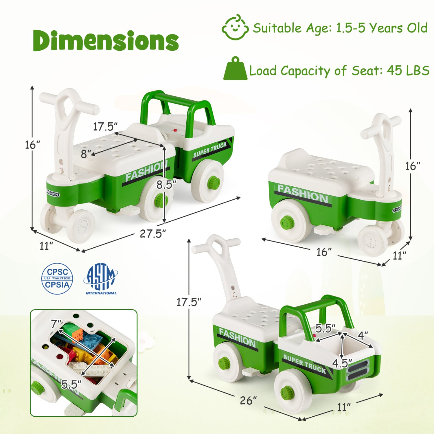 4 in 1 Ride on Push Car with Music and Under-Seat Storage for Boys Girls, Green Push & Pedal Ride On Toys at Gallery Canada