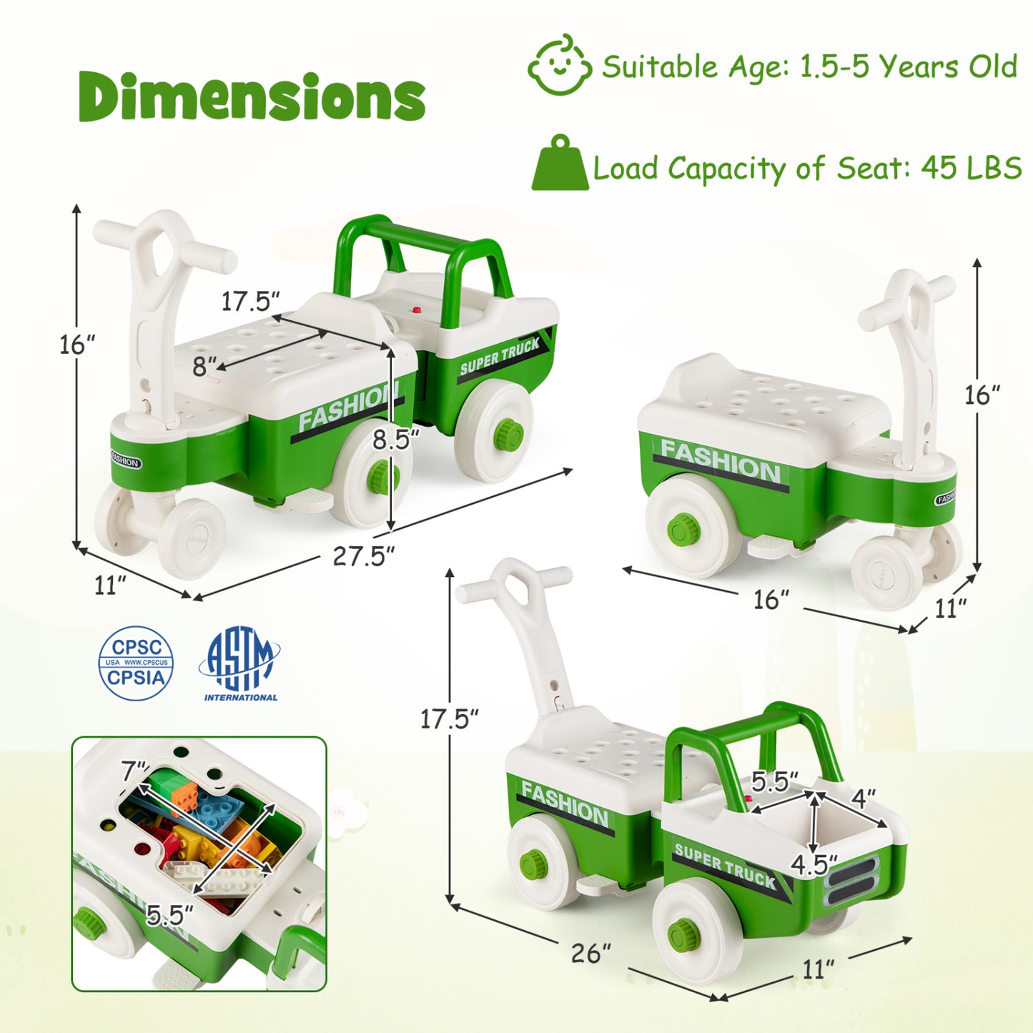 4 in 1 Ride on Push Car with Music and Under-Seat Storage for Boys Girls, Green Push & Pedal Ride On Toys at Gallery Canada