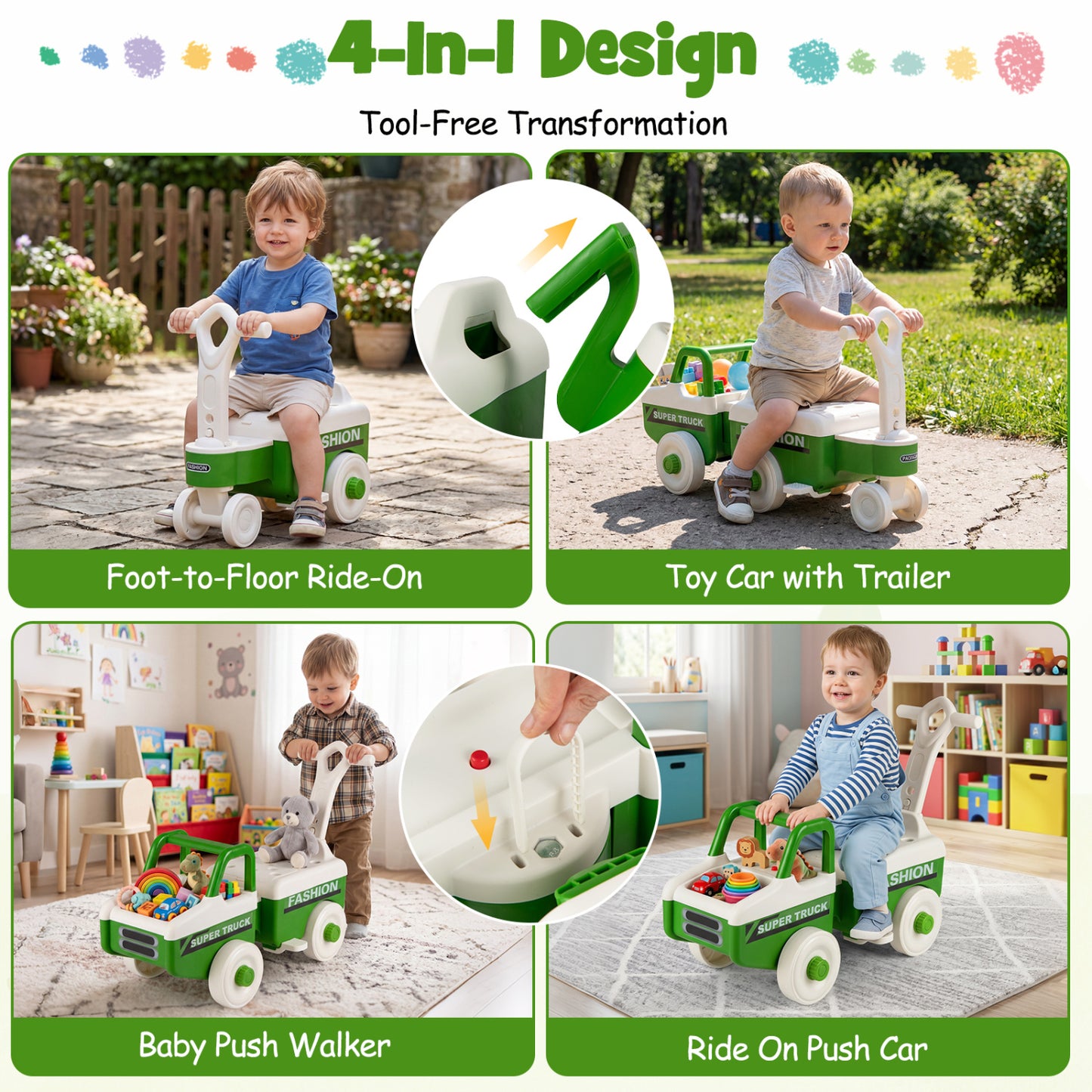 4 in 1 Ride on Push Car with Music and Under-Seat Storage for Boys Girls, Green Push & Pedal Ride On Toys at Gallery Canada